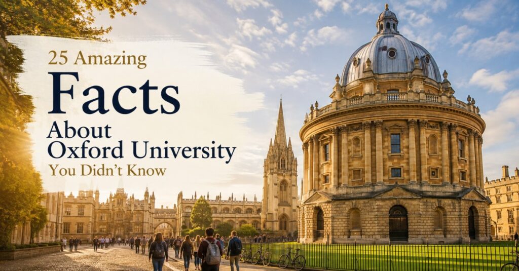 Facts about Oxford University featured image showing the Radcliffe Camera, historic Oxford buildings, and students walking through the campus on a sunny day.